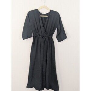 Dudo Pracownia UK Designer Linen Midi Dress Black Tie Elastic Waist M/L